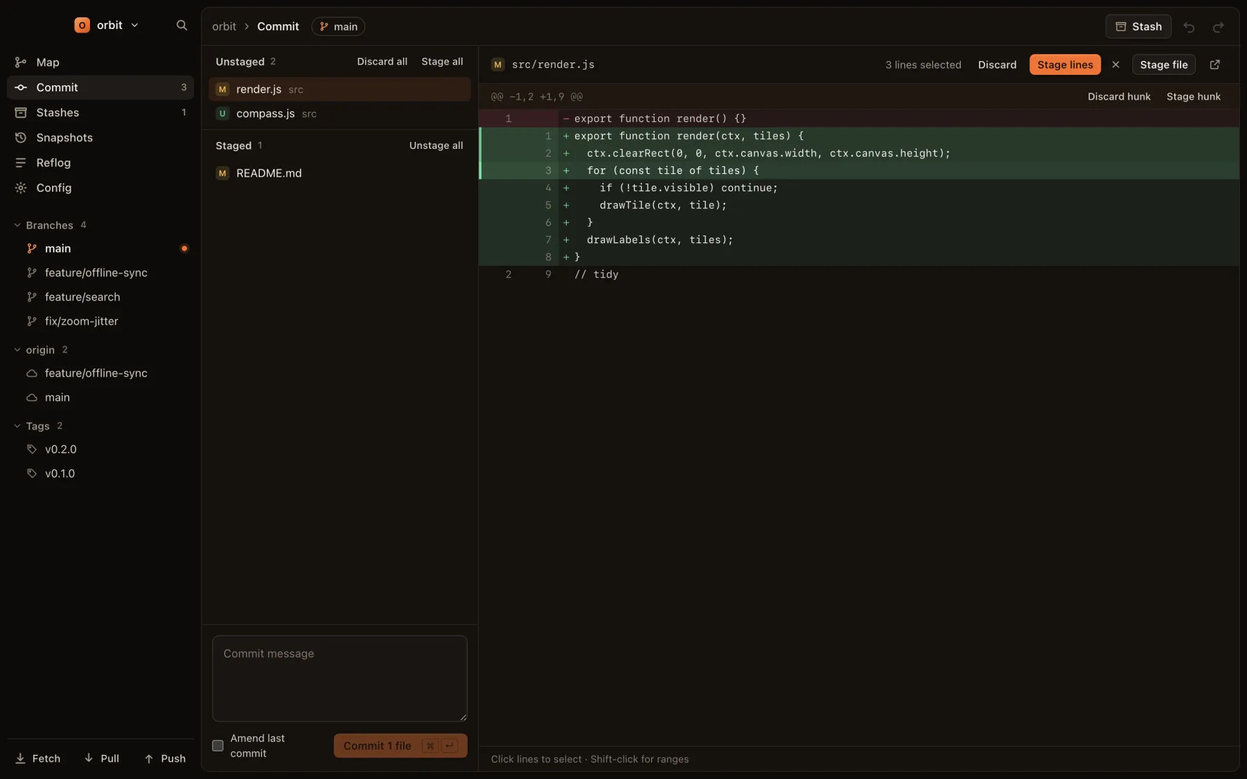 The Commit view with three added lines selected and a Stage lines button