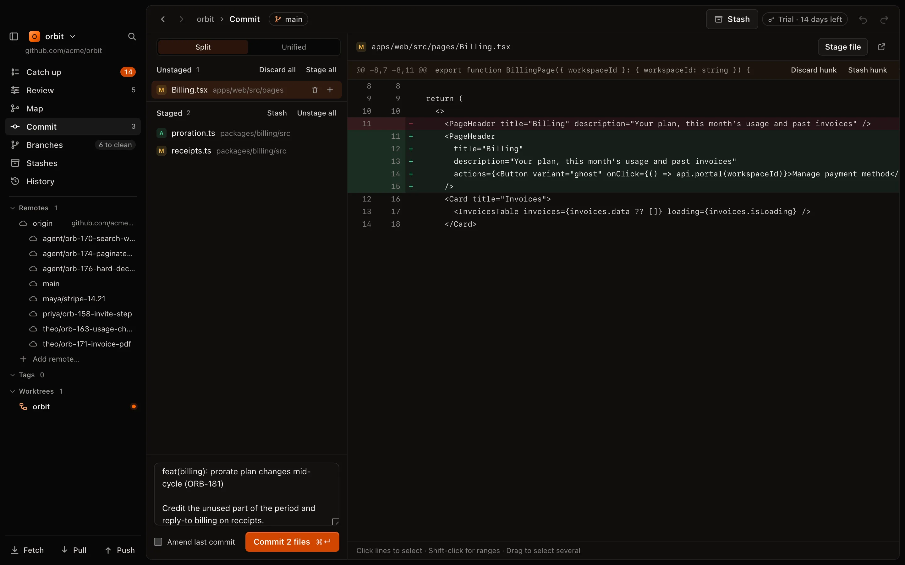Commit: staged and unstaged changes with the diff of the selected file