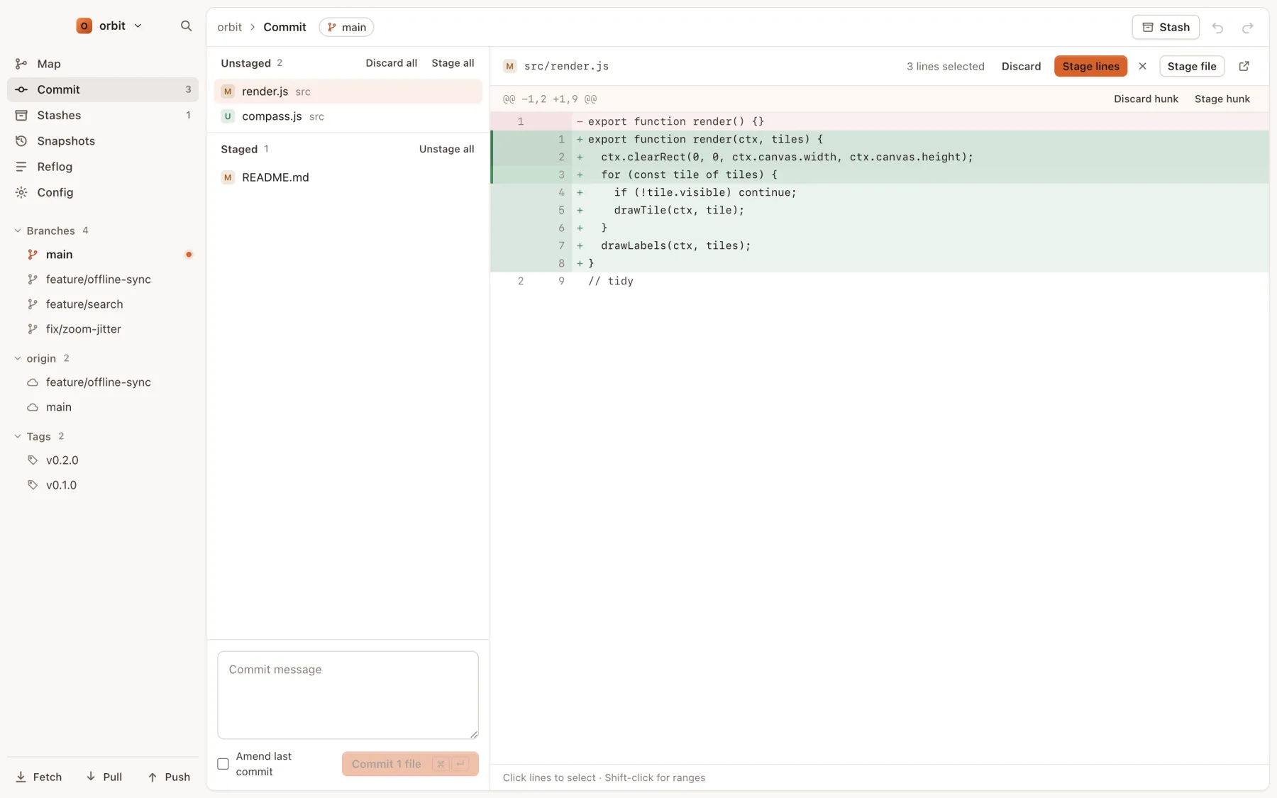 The Commit view with three added lines selected and a Stage lines button