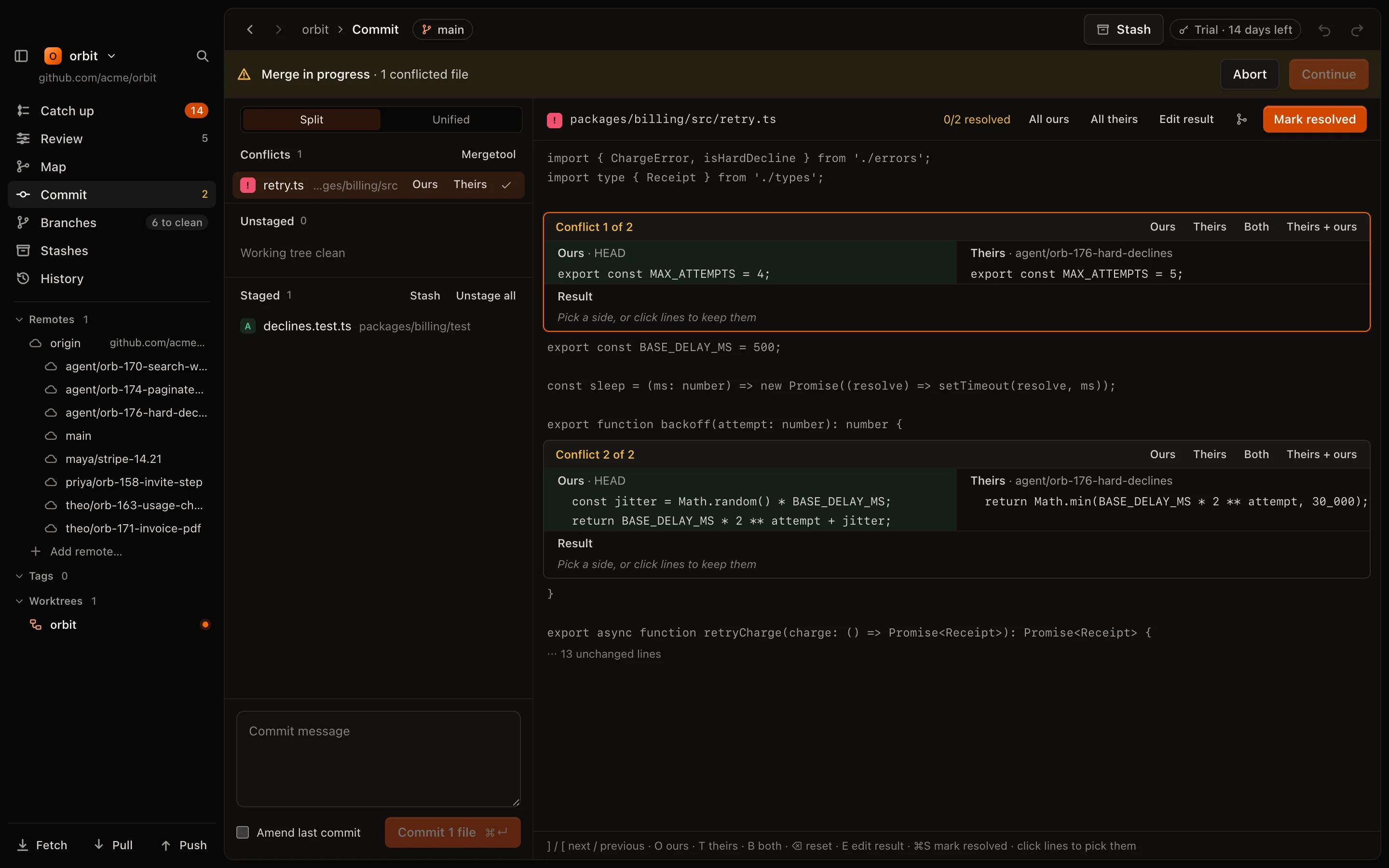 The conflict editor: ours, base and theirs side by side