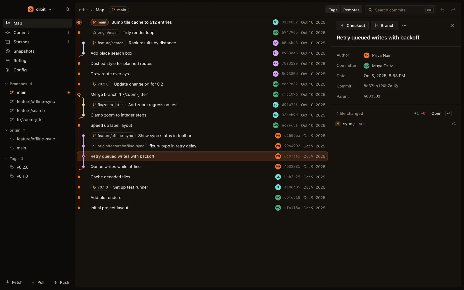 A repository open on the map, with the detail panel showing the selected commit
