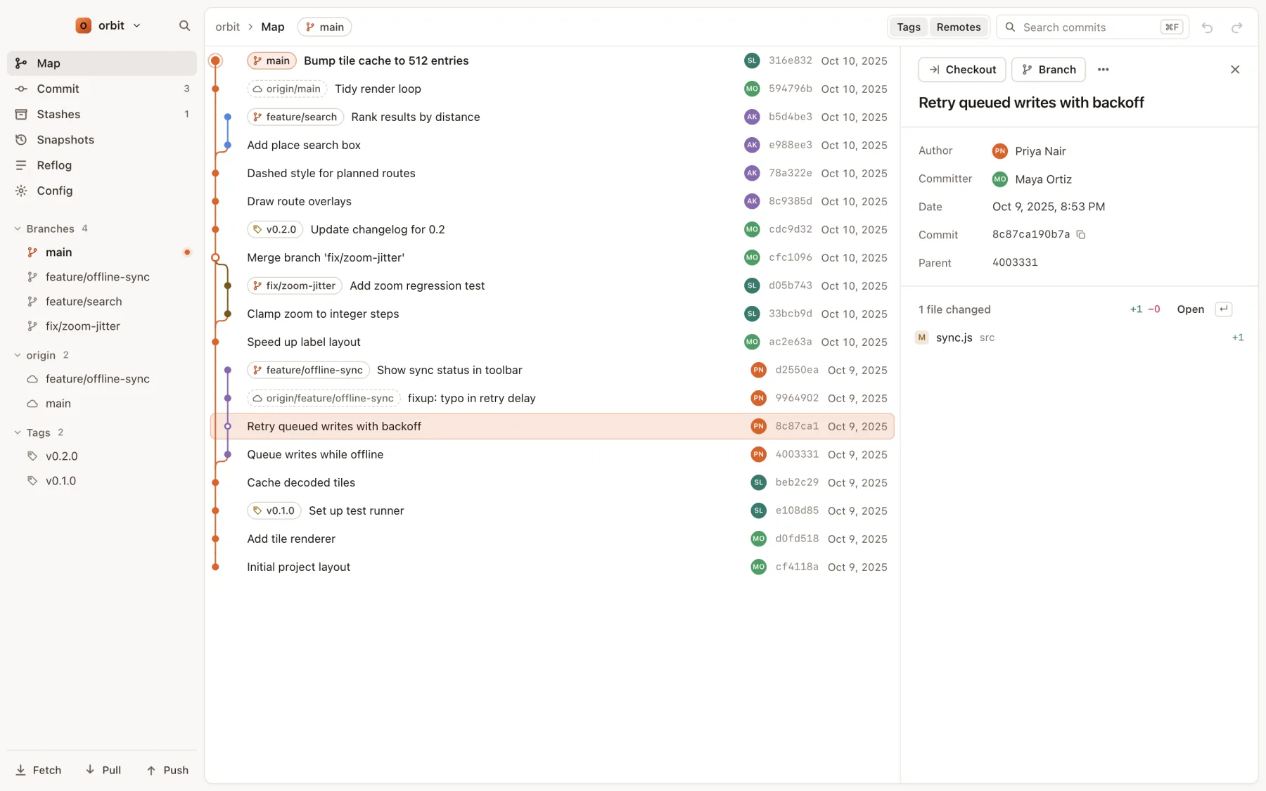 A repository open on the map, with the detail panel showing the selected commit
