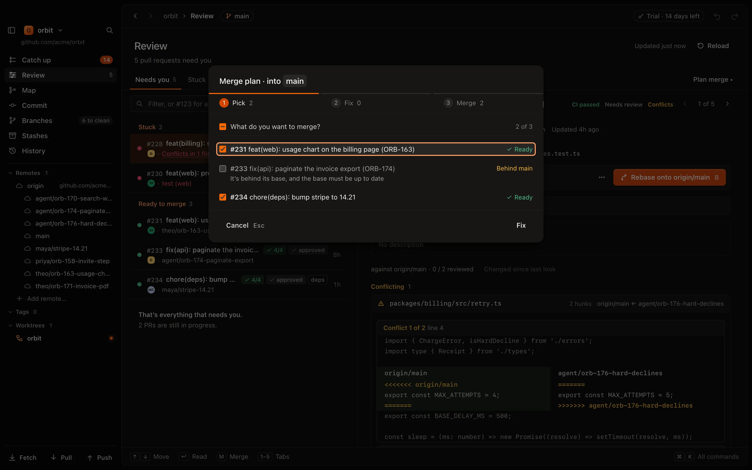 The Merge plan sheet: two ready pull requests ticked to merge in order, and one left out because it is behind main