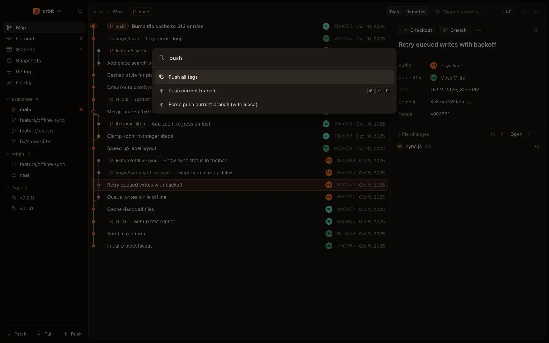 The command menu filtered to push commands, with their shortcuts