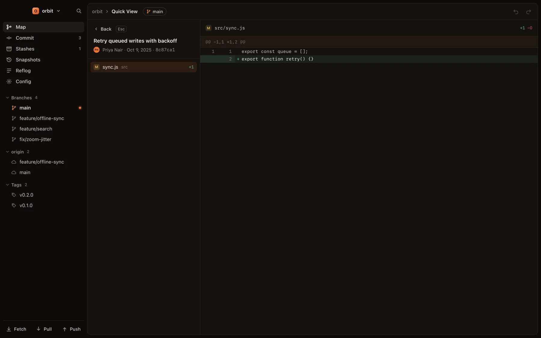 Quick View showing a commit's file list and diff