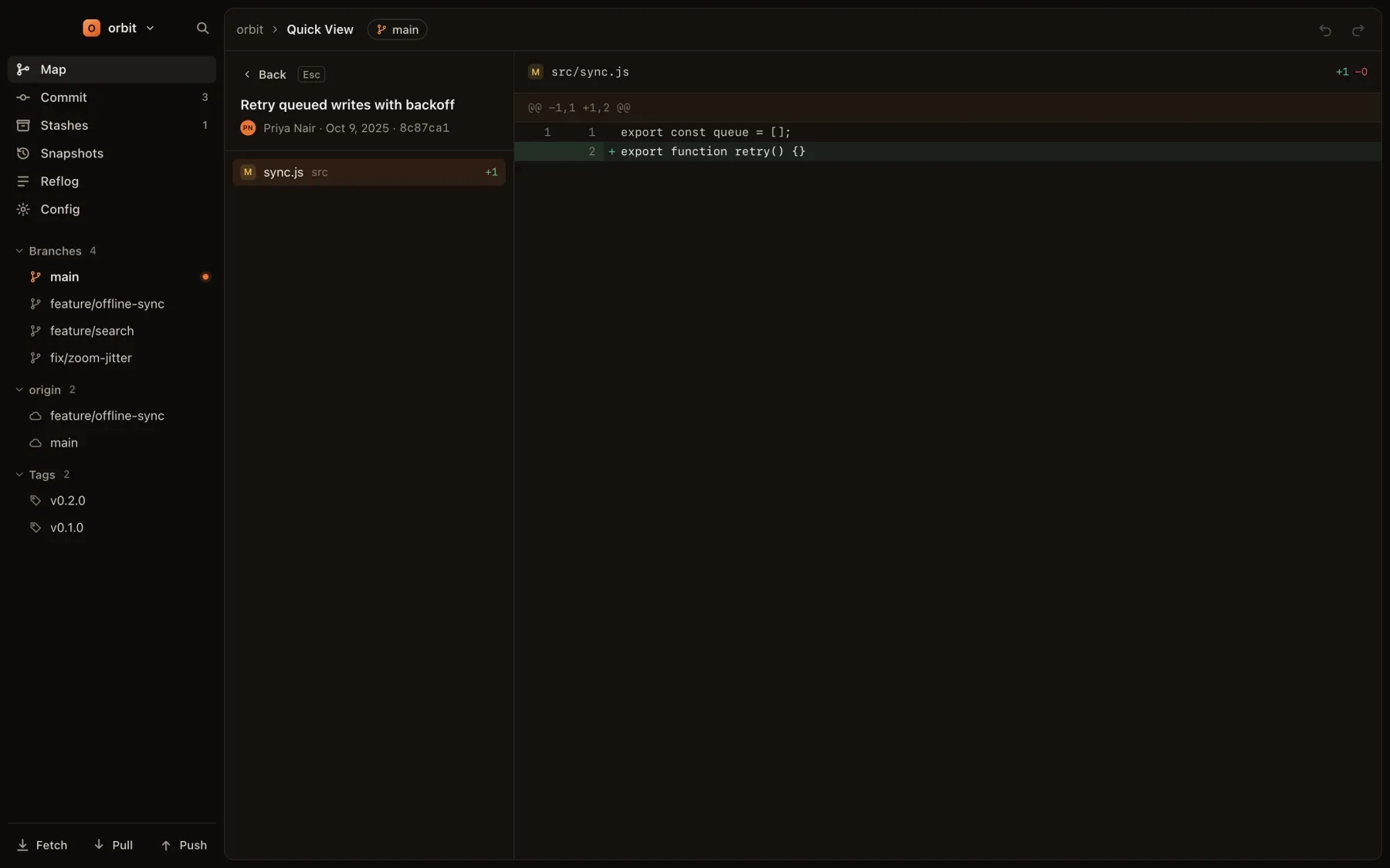 Quick View: the file list of a commit next to its diff