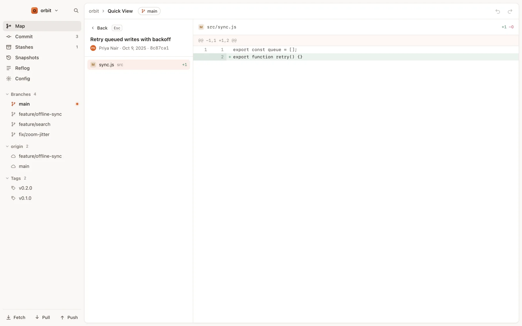 Quick View showing a commit's file list and diff