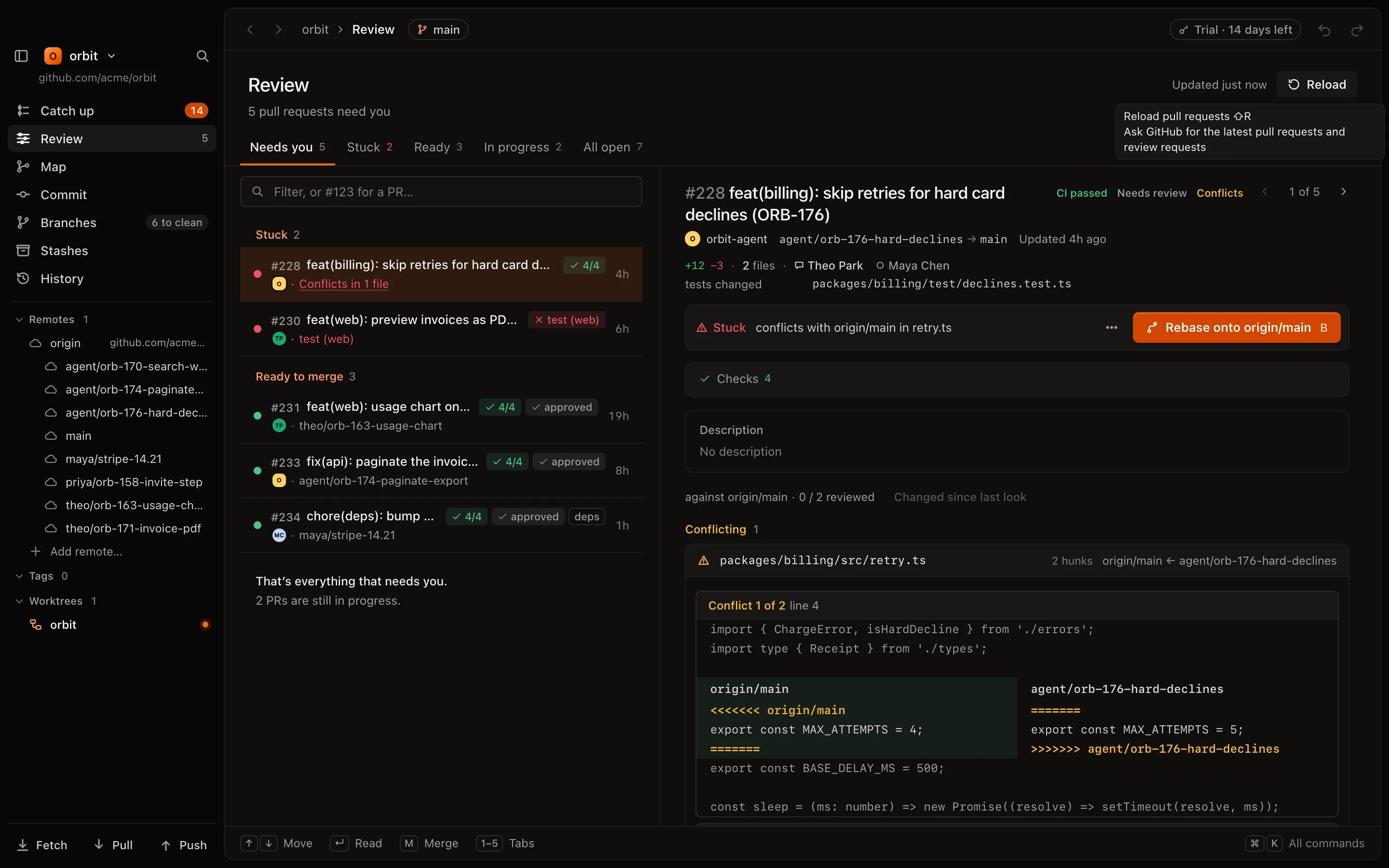 Since Review: the pull requests that need you, stuck and ready to merge, with the first one open beside the list