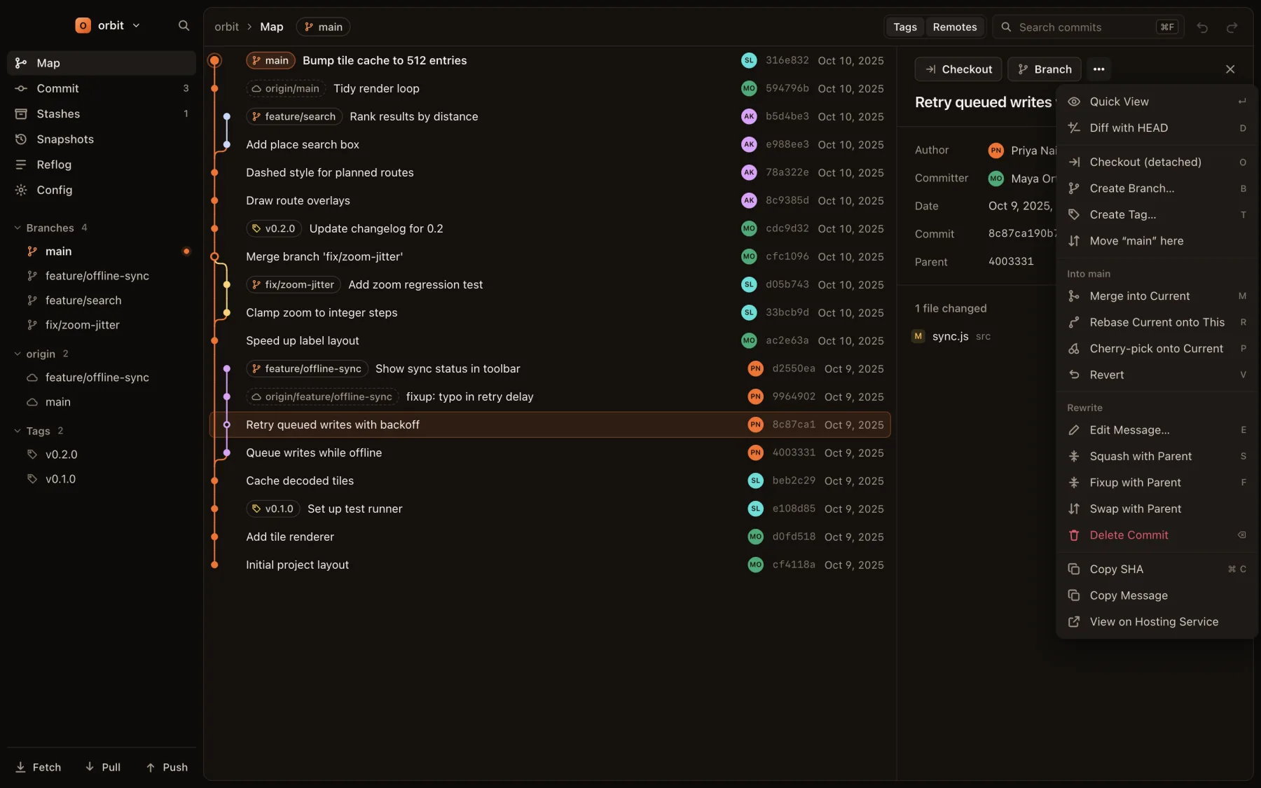 The commit menu with its Rewrite section: Edit Message, Squash, Fixup, Swap with Parent and Delete Commit
