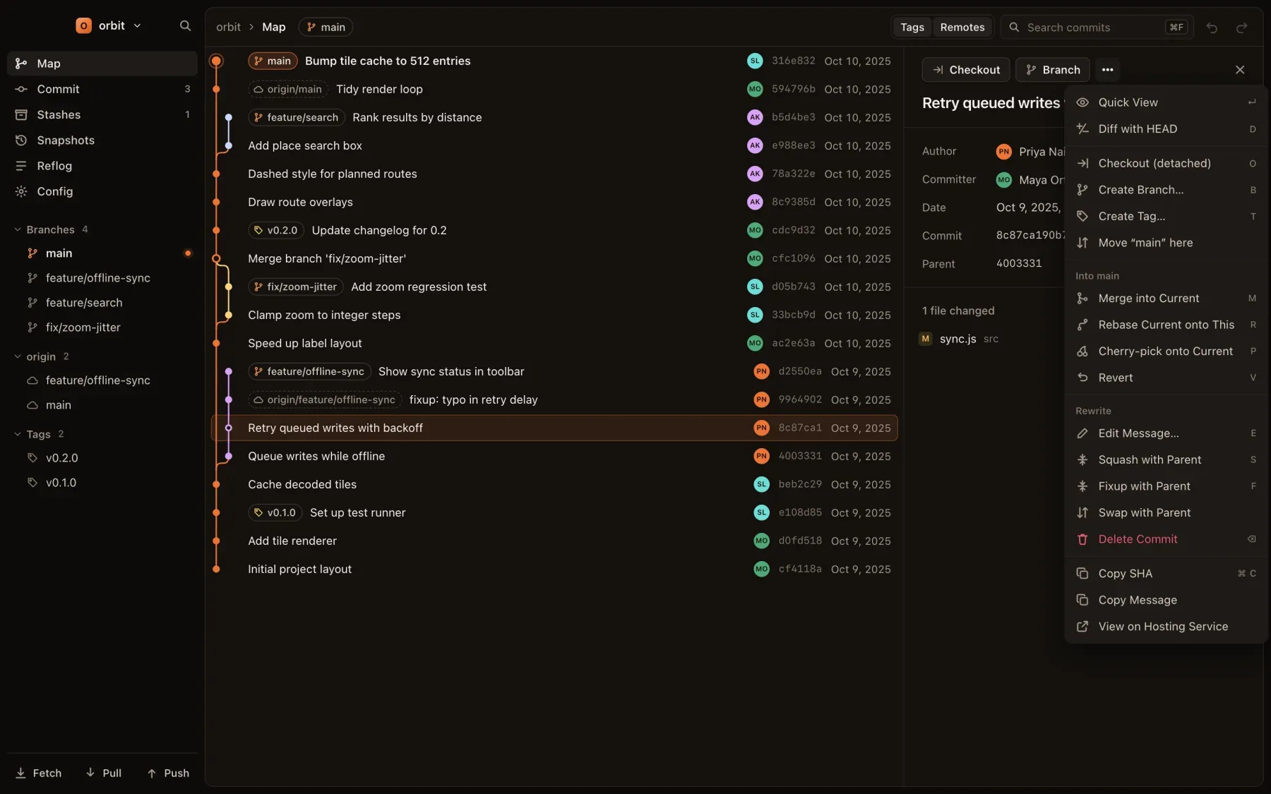 The commit menu, listing each action with its single-key shortcut