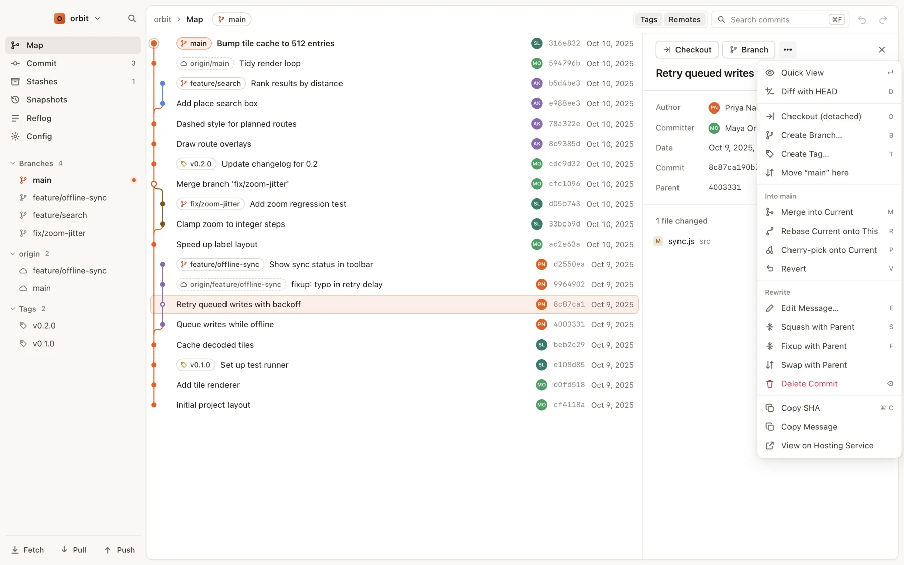The commit menu with its Rewrite section: Edit Message, Squash, Fixup, Swap with Parent and Delete Commit