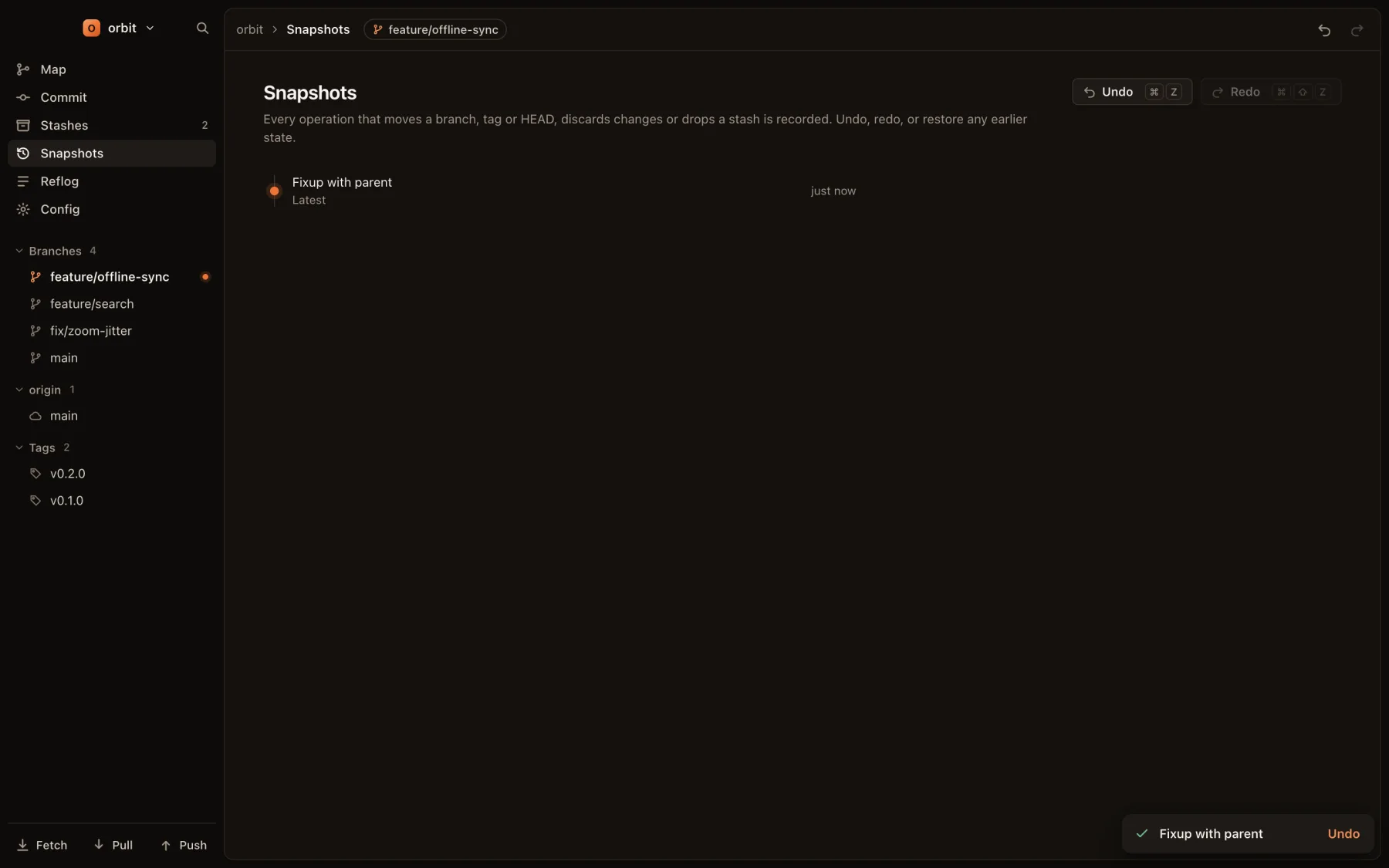 The Snapshots view listing a recorded fixup, with Undo and Redo buttons