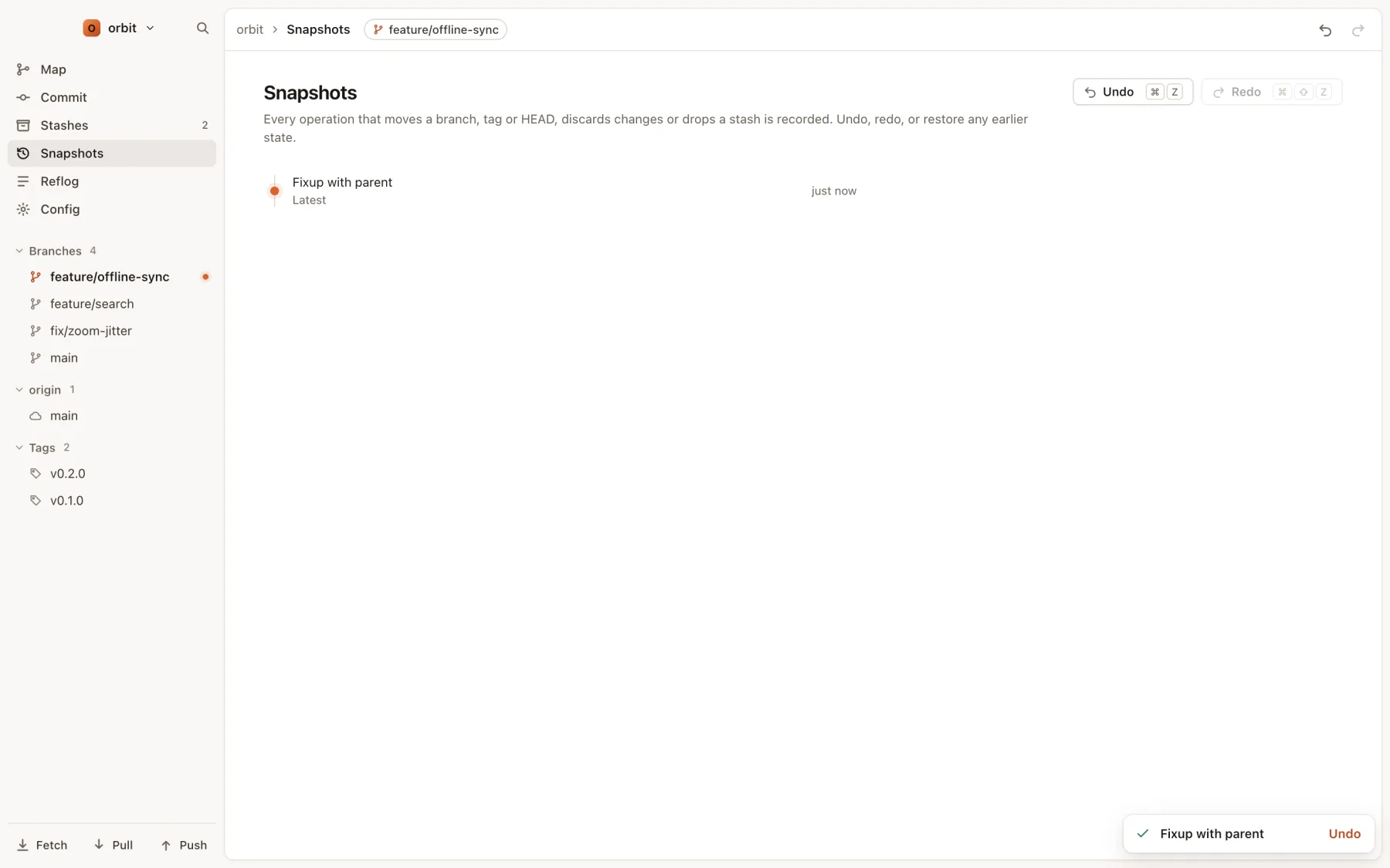 The Snapshots view listing a recorded fixup, with Undo and Redo buttons